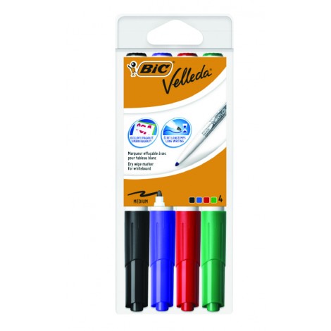 Bic Velleda 1741 - Marcatore per lavagne con inchiostro a base di chetone, punta 4,5mm, tratto 1,4mm, colori assortiti - 4pz - 9581501