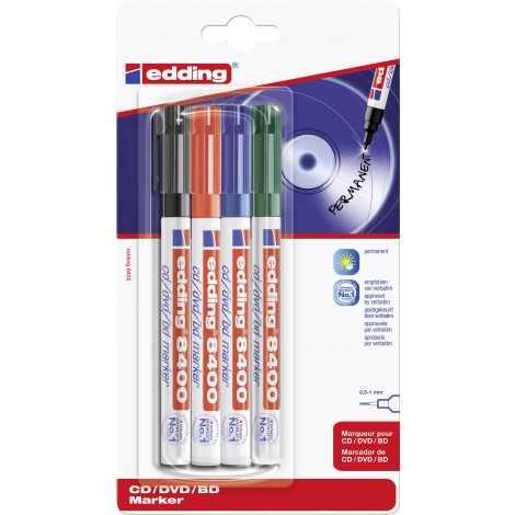 Edding 8400 - Marcatore permanente, idoneo per scrivere su CD/DVD, privo di solventi, tratto 0,5-1mm, colori assortiti - 4pz - 4-8400-4