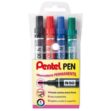 Pentel N50 - Marcatore permanente con inchiostro a base d`olio, punta conica 4,3mm, colori assortiti - 4pz - 0050503
