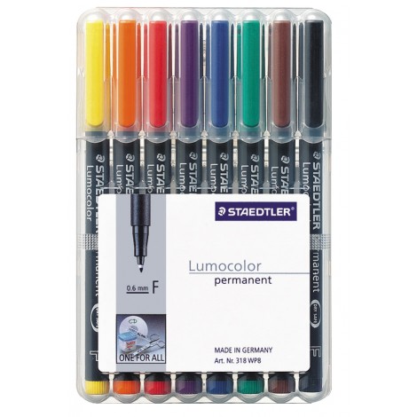 Staedtler Lumocolor 318-WP8 - Marcatore permanente con inchiostro a base d`alcool, punta sintetica, tratto 0,6mm, colori assortiti - 8pz - 318 WP8