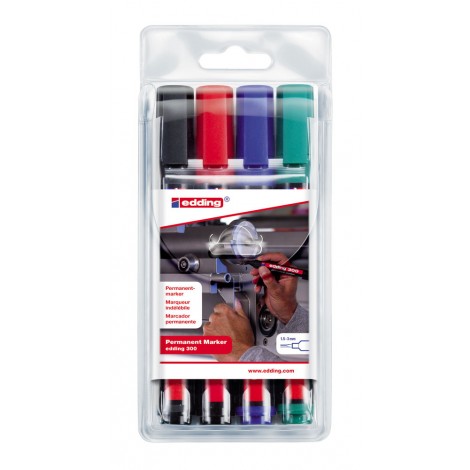 Edding 300 - Marcatore permanente con inchiostro a base d`alcool, resistente all`acqua, tratto 1,5-3mm, colori assortiti  - 4pz - E-300/4S SET