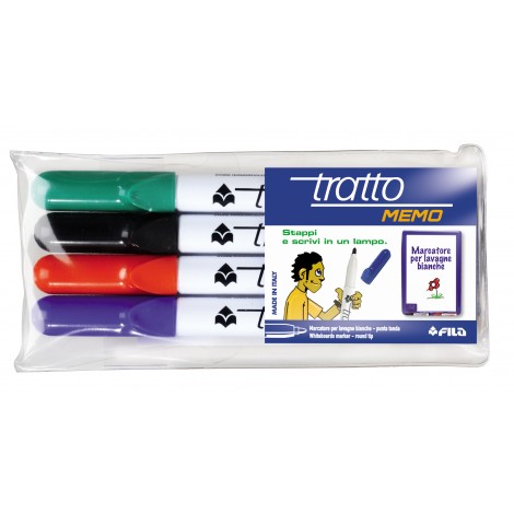 Tratto Memo - Marcatore per lavagne con inchiostro cancellabile a secco, punta 4mm, tratto 1-2,5mm, colori assortiti - 4pz - F854100