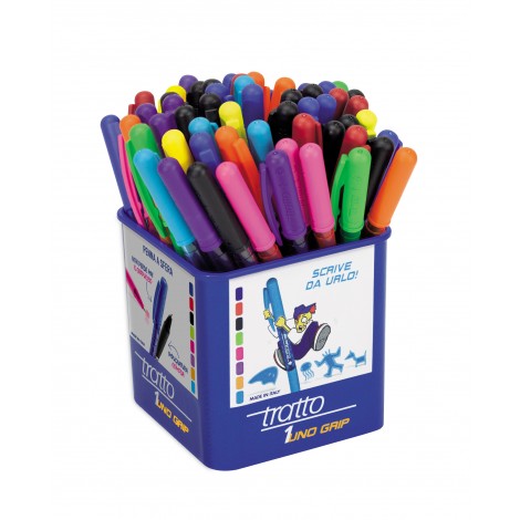 Tratto Uno Grip - Penna a sfera con meccanismo di rotazione del cappuccio per fuoriuscita della punta, tratto 1mm, colori assortiti - 60pz - F812500