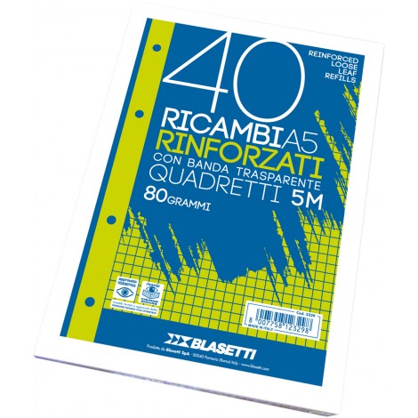 Blasetti Fogli di ricambi bianchi, 40 fogli, 5M - Quadretti 5mm, 80gr - 1pz - 2329