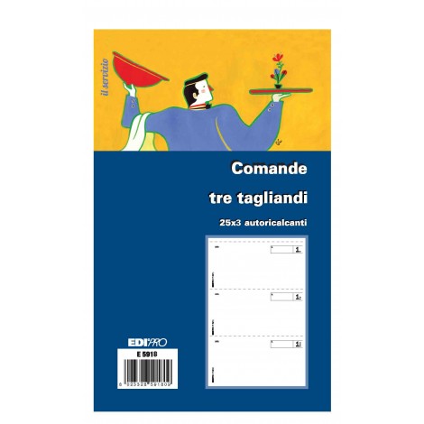 Edipro Blocco comande, 25 pagine per 3 copie, 3 tagliandi per pagine, autoricalcante, 17x9,9cm - Prezzo singolo, ord. minimo 20pz - E5918