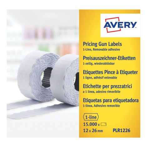 Avery 15.000 etichette onda, per prezzatrici ad 1 linea, pre-tagli di sicurezza per prevenire la manomissione, 26x12mm, colore bianco - PLR1226