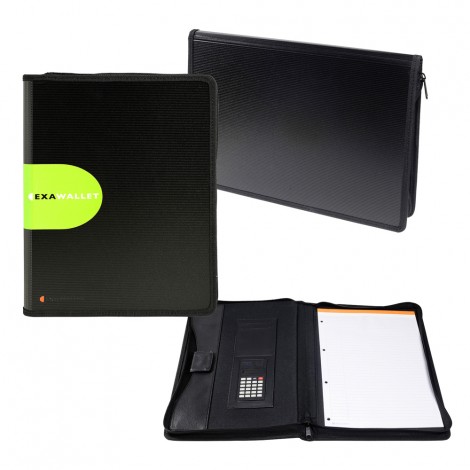 Exacompta Cartella per conferenze, 34x26,5cm, con chiusura a zip. Doppia tasca con chiusura a pressione per documenti A4, porta penna e spazio per biglietti da visita, ideale per trasportare documenti perforati o non perforati. Dispone di un blocco di carta A4 rigato e di una calcolatrice solare, colore nero  - 55534E