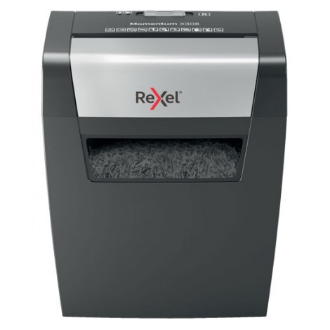 Rexel Momentum X308 - Distruggidocumenti taglio a frammenti 5x42mm, distrugge clip e punti metallici, sicurezza P3, capacità taglio 8fg, capacità cestino 15lt - 2104570EU