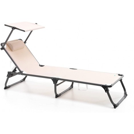 Salmar Lettino pieghevole 3 pezzi, struttura in alluminio verniciato a polvere epossidica di colore antracite, telo in textilene 650 g/m2 di colore ecrù, schienale reclinabile 5 posizioni, cuscino poggiatesta imbottito, tettuccio parasole inclinabile, maniglie da trasporto - M0593-21