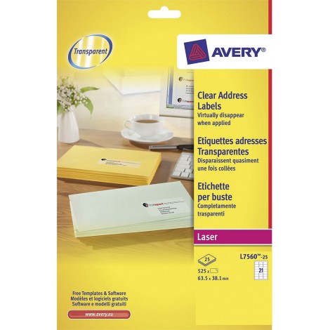 Avery 525 etichette adesive trasparenti permanenti lucide (63,5mmx38,1mm), stampanti laser, 21 etichette per foglio - 25 fogli - L7560-25