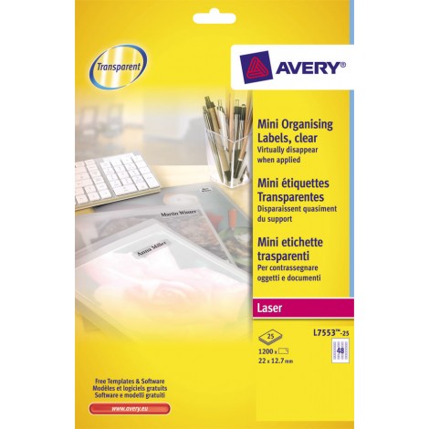 Avery 1200 etichette adesive trasparenti permanenti lucide (22mmx12,7mm), stampanti laser, 48 etichette per foglio - 25 fogli - L7553-25