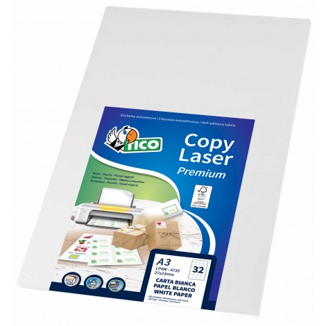 Tico 250 etichette adesive permanenti (297mmx420mm) in fogli A3, 1 etichetta per foglio - 250 fogli - LP3P-297420