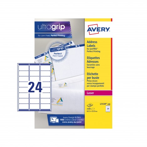 Avery Ultragrip - 2.400 etichette adesive bianche permanenti (63,5mmx33,9mm), 24 etichette per foglio - 100 fogli - L7159-100