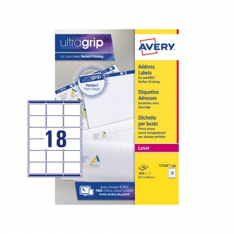 Avery Ultragrip - 1.800 etichette adesive bianche permanenti (63,5mmx46,6mm), 18 etichette per foglio - 100 fogli - L7161-100