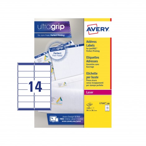 Avery Ultragrip - 1.400 etichette adesive bianche permanenti (99,1mmx38,1mm), 14 etichette per foglio - 100 fogli - L7163-100