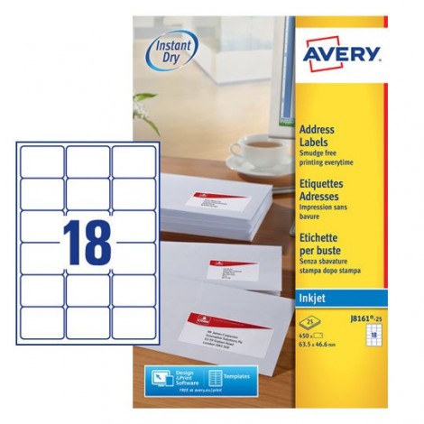 Avery Quickdry - 500 etichette adesive bianche permanenti (63,5mmx46,6mm), 18 etichette per foglio - 25 fogli - J8161-25