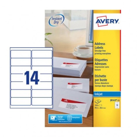 Avery Quickdry - 350 etichette adesive bianche permanenti (99,1mmx38,1mm), 14 etichette per foglio - 25 fogli - J8163-25