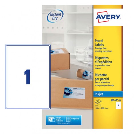Avery Quickdry - 25 etichette adesive bianche permanenti (199,6mmx289,1mm), 1 etichette per foglio - 25 fogli - J8167-25