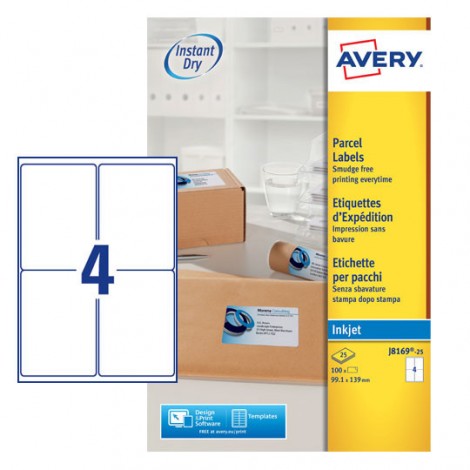 Avery Quickdry - 200 etichette adesive bianche permanenti (99,1mmx139mm), 4 etichette per foglio - 25 fogli - J8169-25