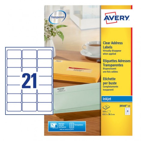 Avery Quickdry - 525 etichette adesive trasparenti permanenti (63,5mmx38,1mm), stampanti inkjet, 21 etichette per foglio - 25 fogli - J8560-25