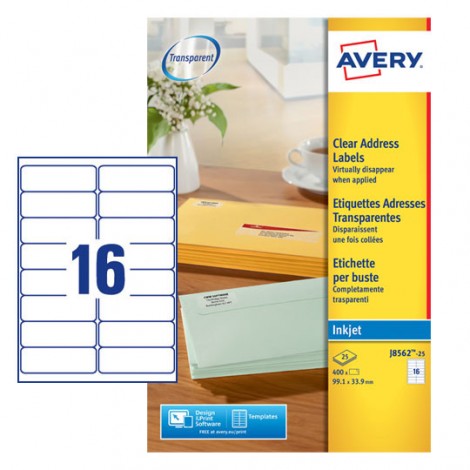 Avery Quickdry - 400 etichette adesive trasparenti permanenti (99,1mmx33,9mm), stampanti inkjet, 16 etichette per foglio - 25 fogli -  J8562-25