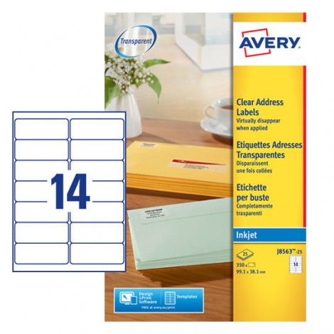 Avery Quickdry - 350 etichette adesive trasparenti permanenti (99,1mmx38,1mm), stampanti inkjet, 14 etichette per foglio - 25 fogli - J8563-25