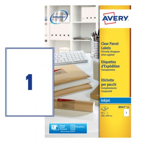 Avery Quickdry - 25 etichette adesive trasparenti permanenti (210mmx297mm), stampanti inkjet, 1 etichette per foglio - 25 fogli - J8567-25