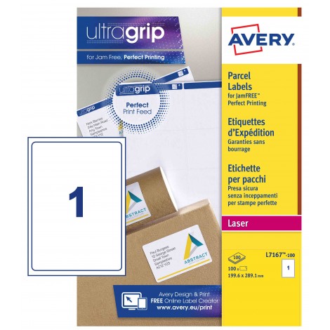 Avery Ultragrip - 100 etichette adesive bianche permanenti (199,6mmx289,1mm), 1 etichette per foglio - 100 fogli - L7167-100