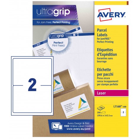 Avery Ultragrip - 200 etichette adesive bianche permanenti (199,6mmx143,5mm), 2 etichette per foglio - 100 fogli - L7168-100