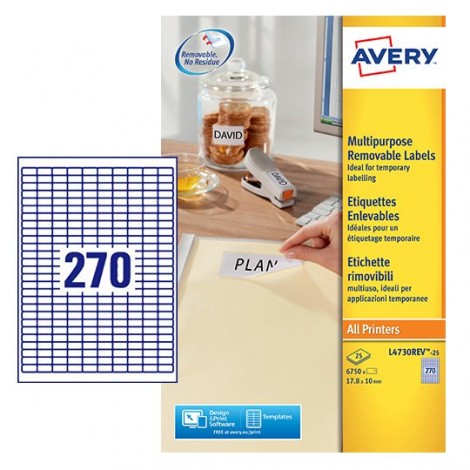 Avery 6.750 etichette adesive bianche rimovibili, per confezioni e cartelline, carta certificata FSC (17,8x10mm) - (270 etich. x 25fg) - 1conf. - L4730REV-25