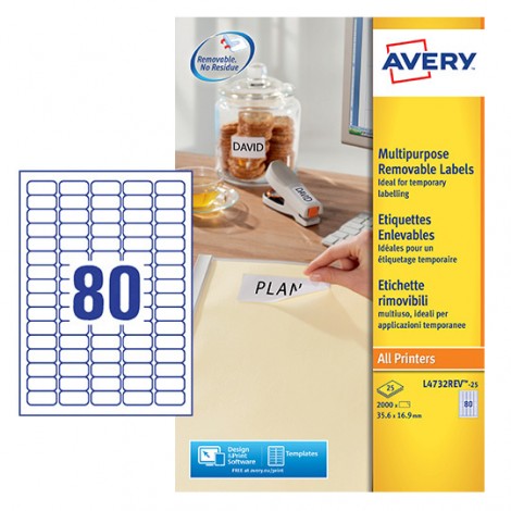 Avery 2,000 etichette adesive bianche rimovibili, per confezioni e cartelline, carta certificata FSC (35,6x16,9mm) - (80 etich. x 25fg) 1conf. - L4732REV-25