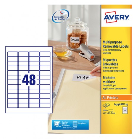 Avery 1,200 etichette adesive bianche rimovibili, per confezioni e cartelline, carta certificata FSC (45,7x21,2mm) - (48 etich. x 25fg) - 1conf. - L4736REV-25