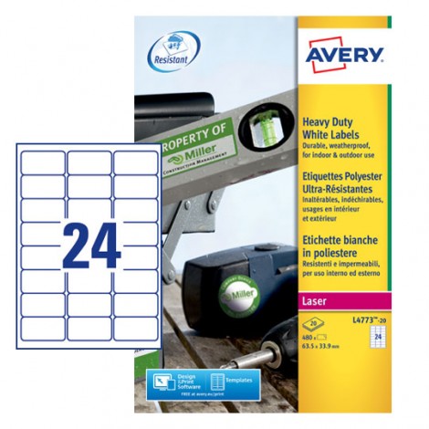 Avery 480 etichette adesive permanenti (63,5mmx33,9mm), 24 etichette per foglio - 20 fogli - L4773-20