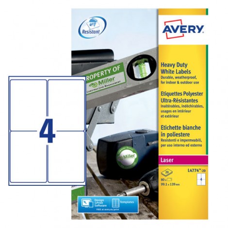Avery 80 etichette adesive permanenti (99,1mmx139mm), 4 etichette per foglio - 20 fogli - L4774-20