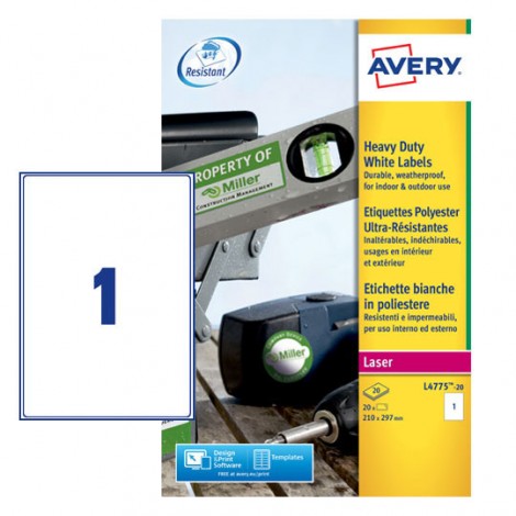 Avery 20 etichette adesive permanenti (210mmx297mm), 1 etichetta per foglio, colore bianco opaco - 20 fogli - L4775-20