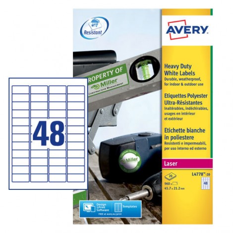 Avery 960 etichette adesive permanenti (45,7mmx21,2mm), 48 etichette per foglio - 20 fogli - L4778-20