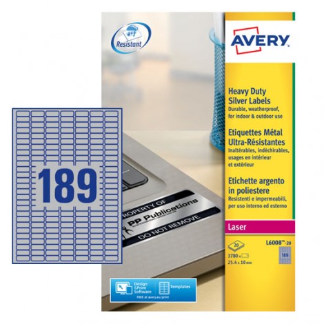 Avery 3.780 etichette adesive permanenti (25,4mmx10mm), 189 etichette per foglio, colore argento - 20 fogli - L6008-20