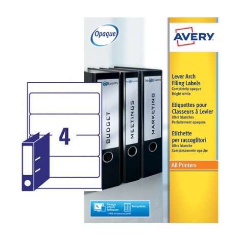 Avery 100 etichette adesive bianche permanenti (192x61mm), 4 etichette per foglio, adatto ai raccoglitori dorso 6 - 25 fogli - L4761-25