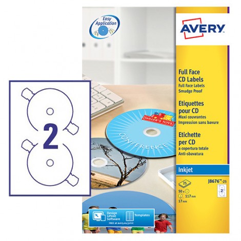Avery 50 etichette adesive permanenti opache per CD/DVD, Ø 117mm, 130gr, 2 etichette per foglio - 25 fogli - J8676-25