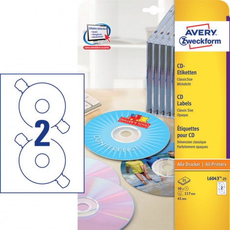 Avery 50 etichette adesive permanenti opache per CD/DVD, Ø 117mm, 120gr, 2 etichette per foglio - 25 fogli - L6043-25