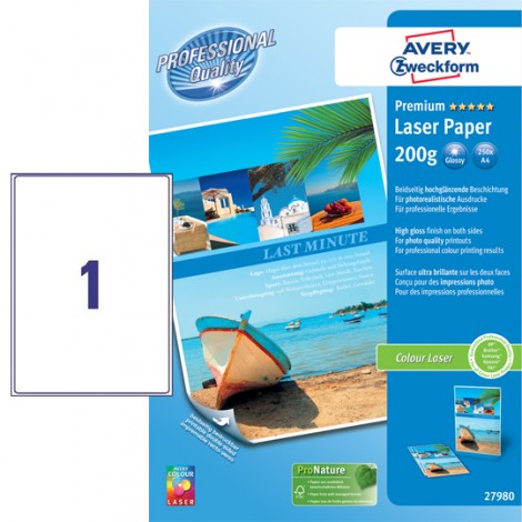 Avery Extra lucida - Carta bianca fotografica patinata, A4, 100 fogli, 200gr, stampabile fronte retro - 1pz - 2798