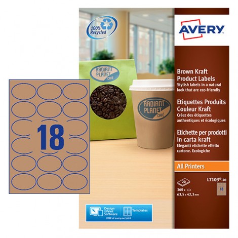 Avery 360 etichette adesive ovali effetto cartone (63,5mmx42,3mm), 193gr, 18 etichette per foglio - 20 fogli - L7103-20