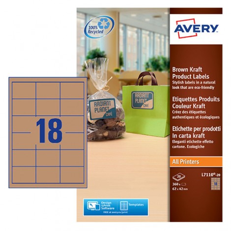 Avery 360 etichette adesive effetto cartone (62mmx42mm), 193gr, 18 etichette per foglio, colore avana - 20 fogli - L7110-20