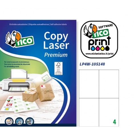 Tico 400 etichette adesive bianche opache permanenti senza margini (105x148mm), 4 etichette per foglio - 100 fogli - LP4W-105148