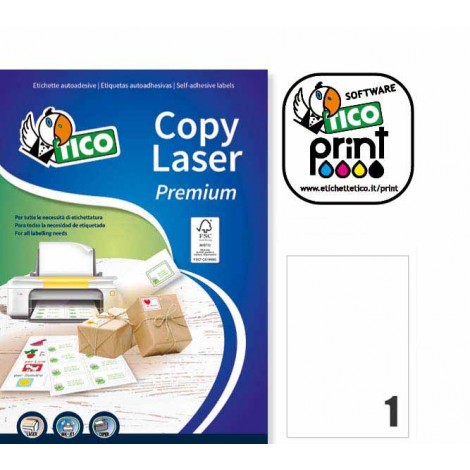 Tico 100 etichette adesive bianche permanenti senza margini (210x297mm), 1 etichetta per foglio - 100 fogli - LP4W-210297