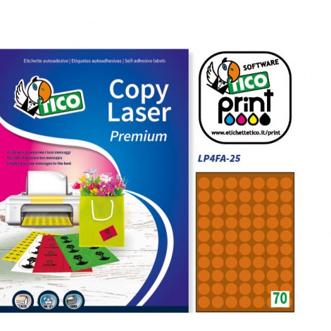 Tico 4.900 etichette adesive rotonde permanenti con margini, Ø25mm, 147gr, 70 etichette per foglio, colore arancione fluo - 70 fogli - LP4FA-25