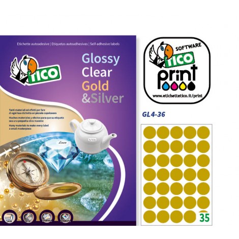 Tico 3.500 etichette adesive rotonde permanenti, Ø36mm, 188gr, 35 etichette per foglio, colore oro satinato - 100 fogli - GL4-36