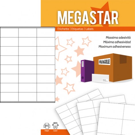 Megastar 2.400 etichette adesive bianche permanenti con margini (70x36mm), 24 etichette per foglio - 100 fogli - LP4MS-7036