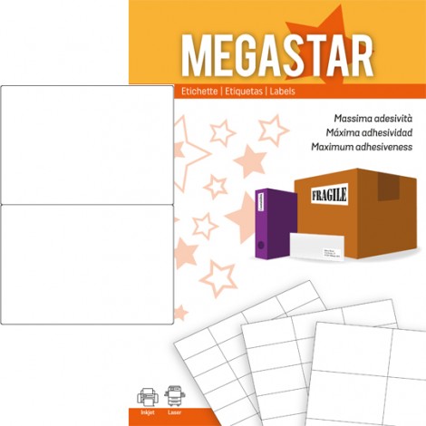 Megastar 200 etichette adesive bianche permanenti con angoli arrotondati (210x148mm), 2 etichette per foglio - 100 fogli - LP4MS-210148