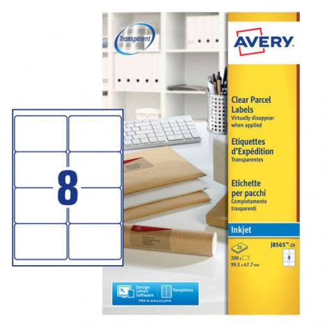 Avery Quickdry - 200 etichette adesive trasparenti permanenti (99,7mmx67,7mm), stampanti inkjet, 8 etichette per foglio - 25 fogli - J8565-25